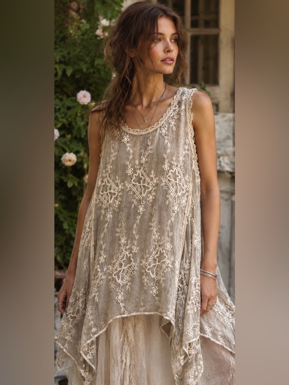 Gretty Zueger Mayra Embroidered Silk Tunic Top Fairy Sheer Artsy Crystal Grey, L
